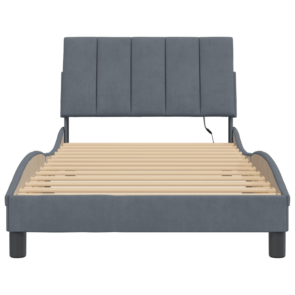Bed Frame with LED without Mattress "Hanko" Dark Grey 107x203 cm King Single Velvet