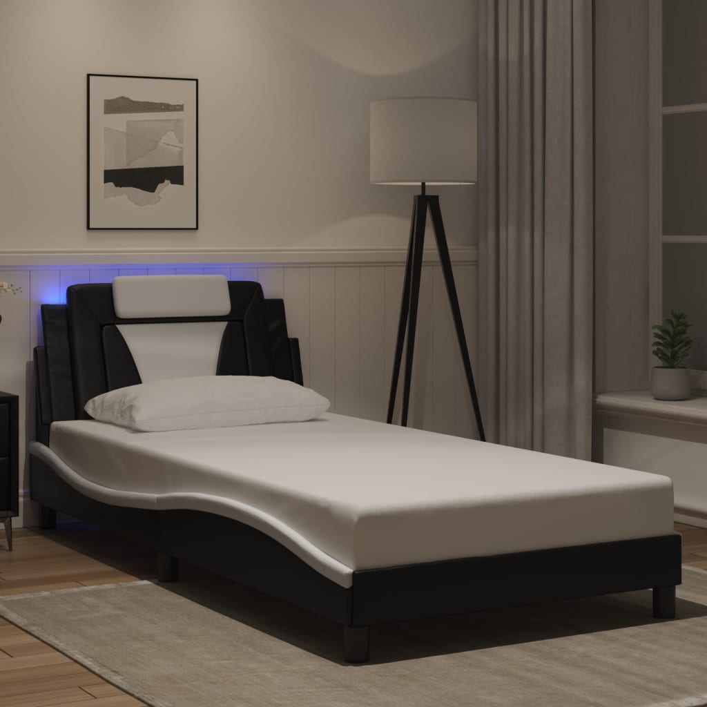 Bed Frame "Viana" with LED without Mattress Black and White 107x203 cm