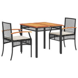 3 Piece Garden Dining Set with Cushions Black Poly Rattan - Front View