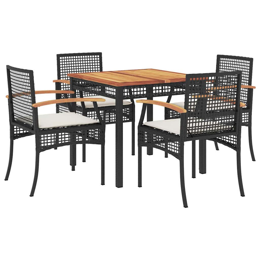 5 Piece Garden Dining Set with Cushions Black Poly Rattan