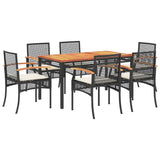 7 Piece Garden Dining Set with Cushions Black Poly Rattan - Front View