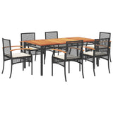 7 Piece Garden Dining Set with Cushions Black Poly Rattan - Front View