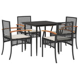 5 Piece Garden Dining Set with Cushions Black Poly Rattan - Front View