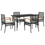 5 Piece Garden Dining Set with Cushions Black Poly Rattan - Front View