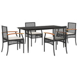 5 Piece Garden Dining Set with Cushions Black Poly Rattan - Front View