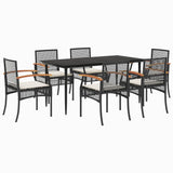7 Piece Garden Dining Set with Cushions Black Poly Rattan - Front View