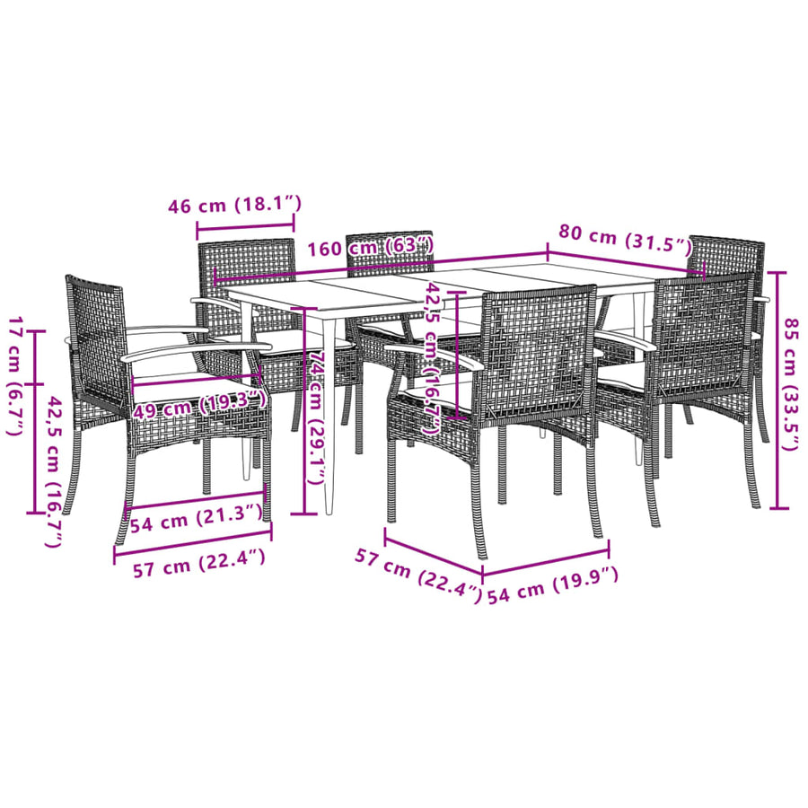 7 Piece Garden Dining Set with Cushions Black Poly Rattan