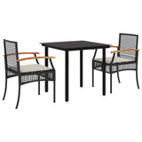 3 Piece Garden Dining Set with Cushions Black Poly Rattan - Front View