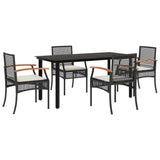5 Piece Garden Dining Set with Cushions Black Poly Rattan - Front View