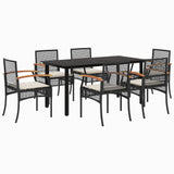 7 Piece Garden Dining Set with Cushions Black Poly Rattan - Front View