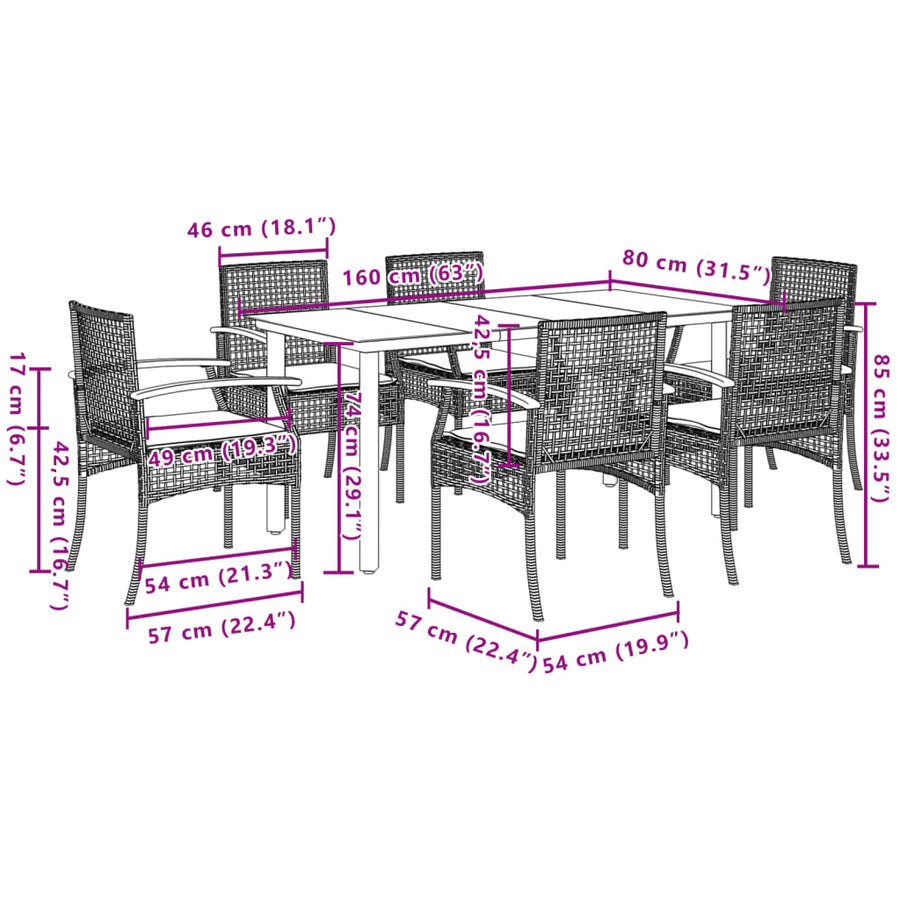 7 Piece Garden Dining Set with Cushions Black Poly Rattan