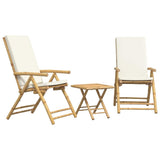 3 Piece Folding Bistro Set with Cream White Cushions Bamboo - Front View