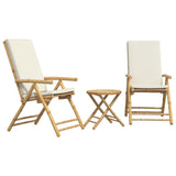 3 Piece Folding Bistro Set with Cream White Cushions Bamboo - Front View