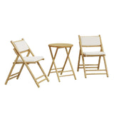 3 Piece Folding Bistro Set with Cream White Cushions Bamboo - Front View