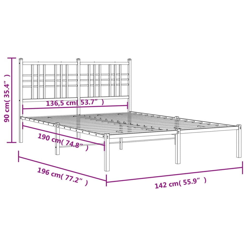 Metal Bed Frame without Mattress with Headboard Black 135x190 cm