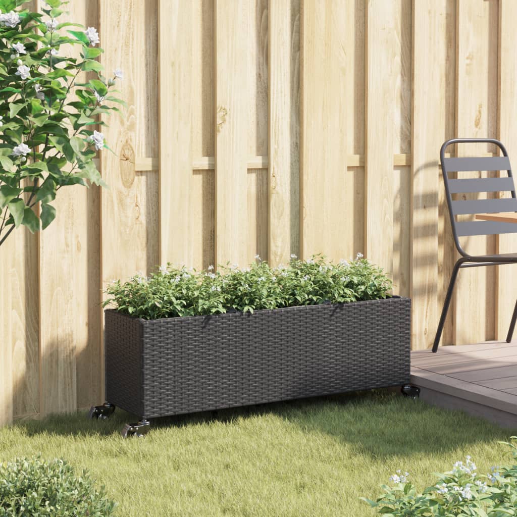Garden Planter with Wheels and 3 Pots Black 107x32x38 cm Poly Rattan