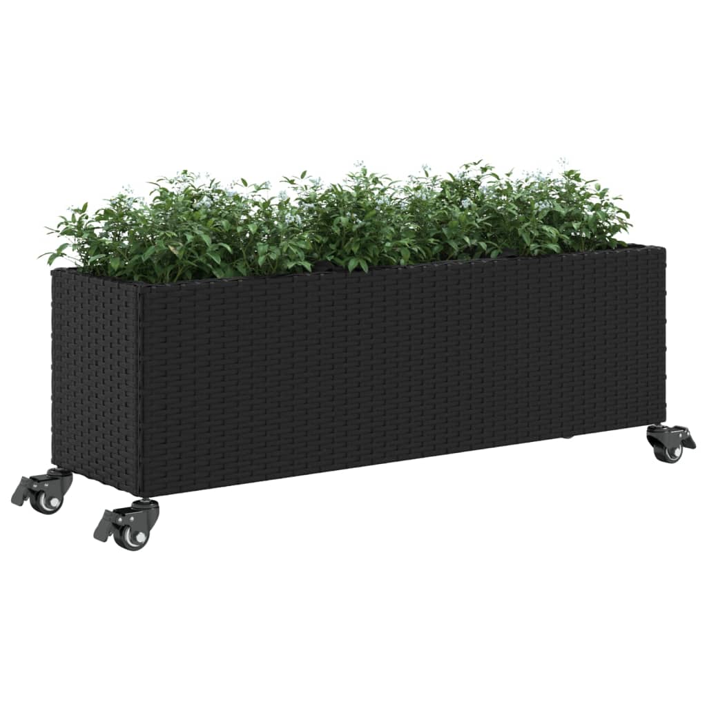 Garden Planter with Wheels and 3 Pots Black 107x32x38 cm Poly Rattan