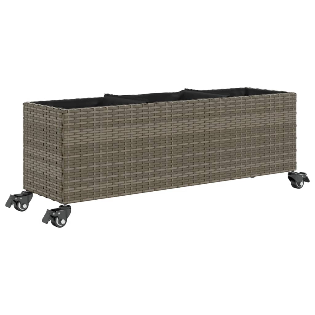 Garden Planter with Wheels and 3 Pots Grey 107x32x38 cm Poly Rattan