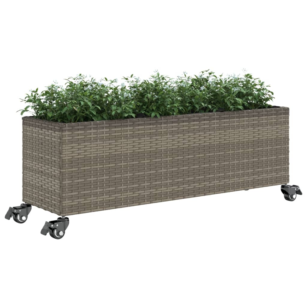 Garden Planter with Wheels and 3 Pots Grey 107x32x38 cm Poly Rattan