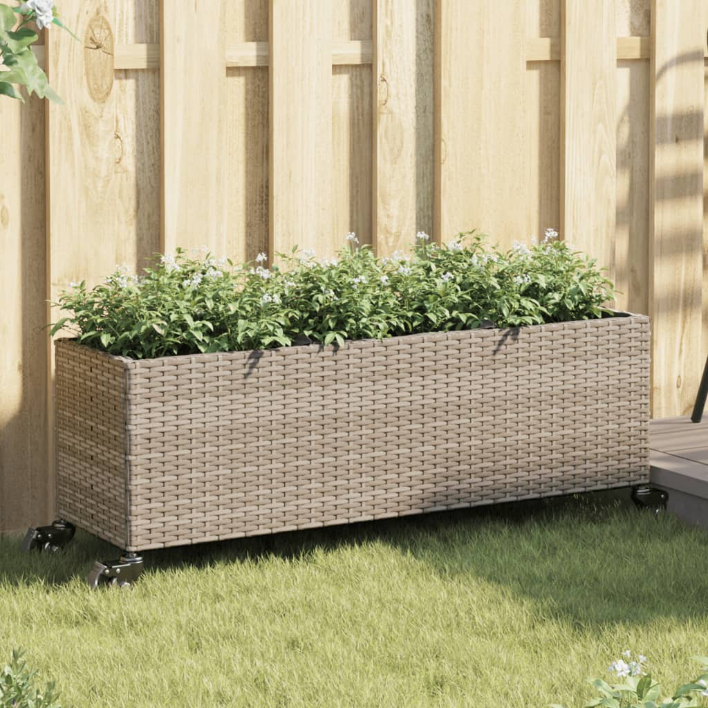 Garden Planter with Wheels and 3 Pots Grey 107x32x38 cm Poly Rattan