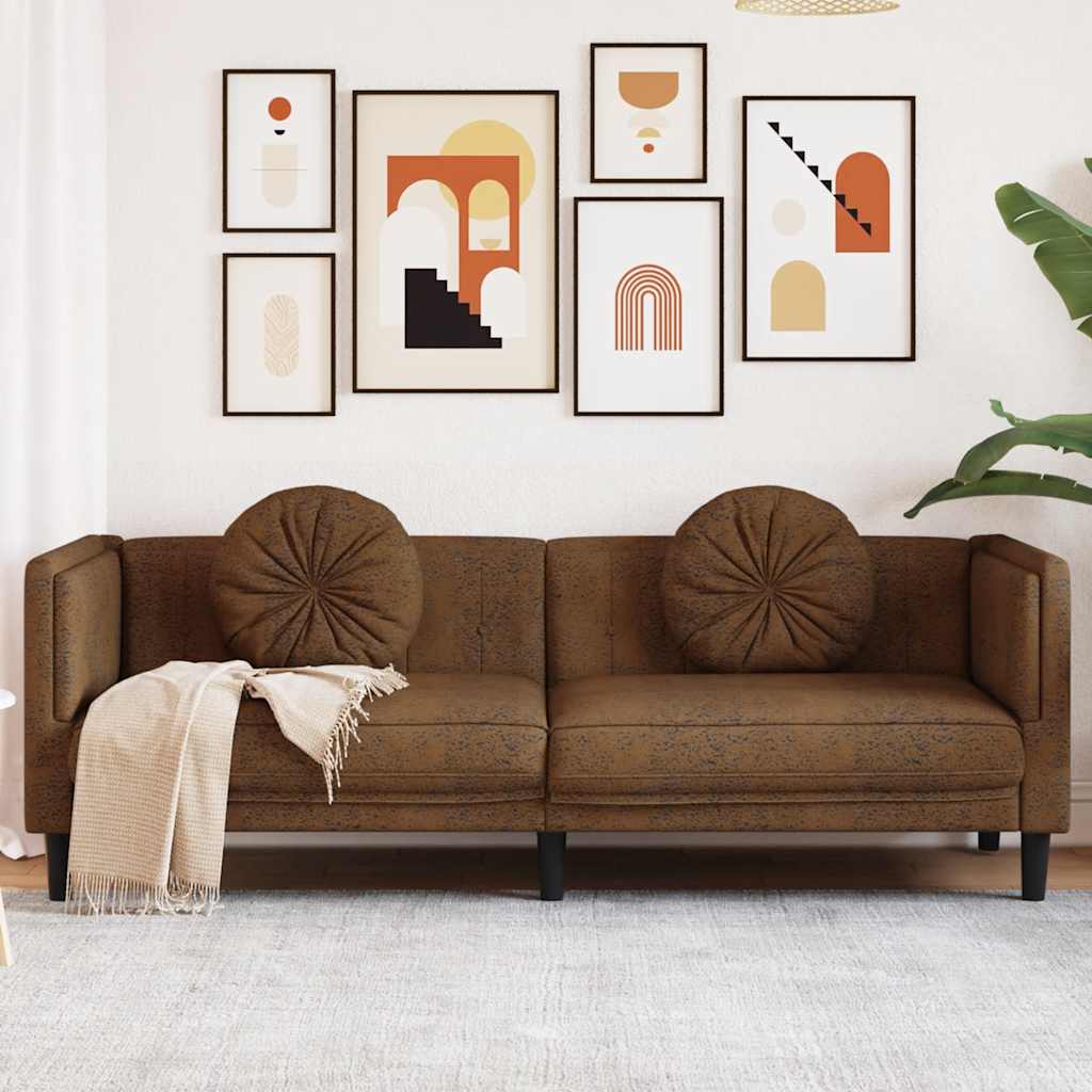 Sofa with Cushions 3-Seater Brown Faux Suede Leather