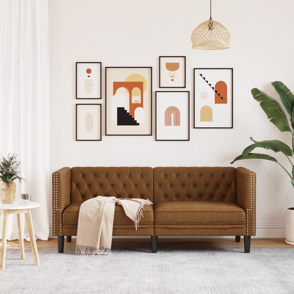 Chesterfield Sofa 2-Seater Brown Faux Suede Leather
