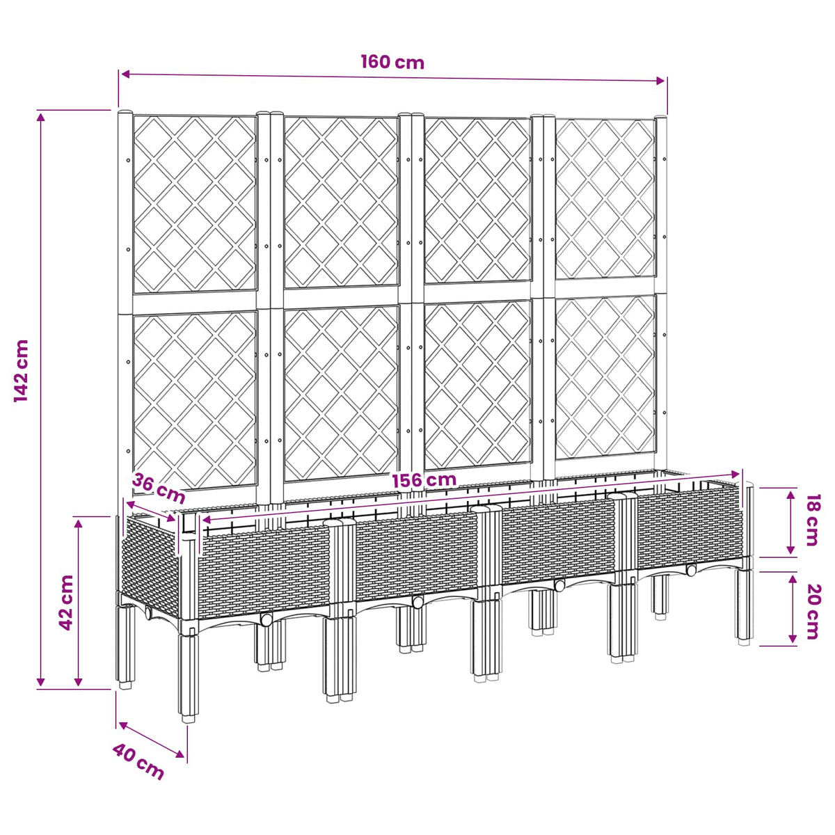 Garden Planter with Trellis Black 160x40x142 cm PP