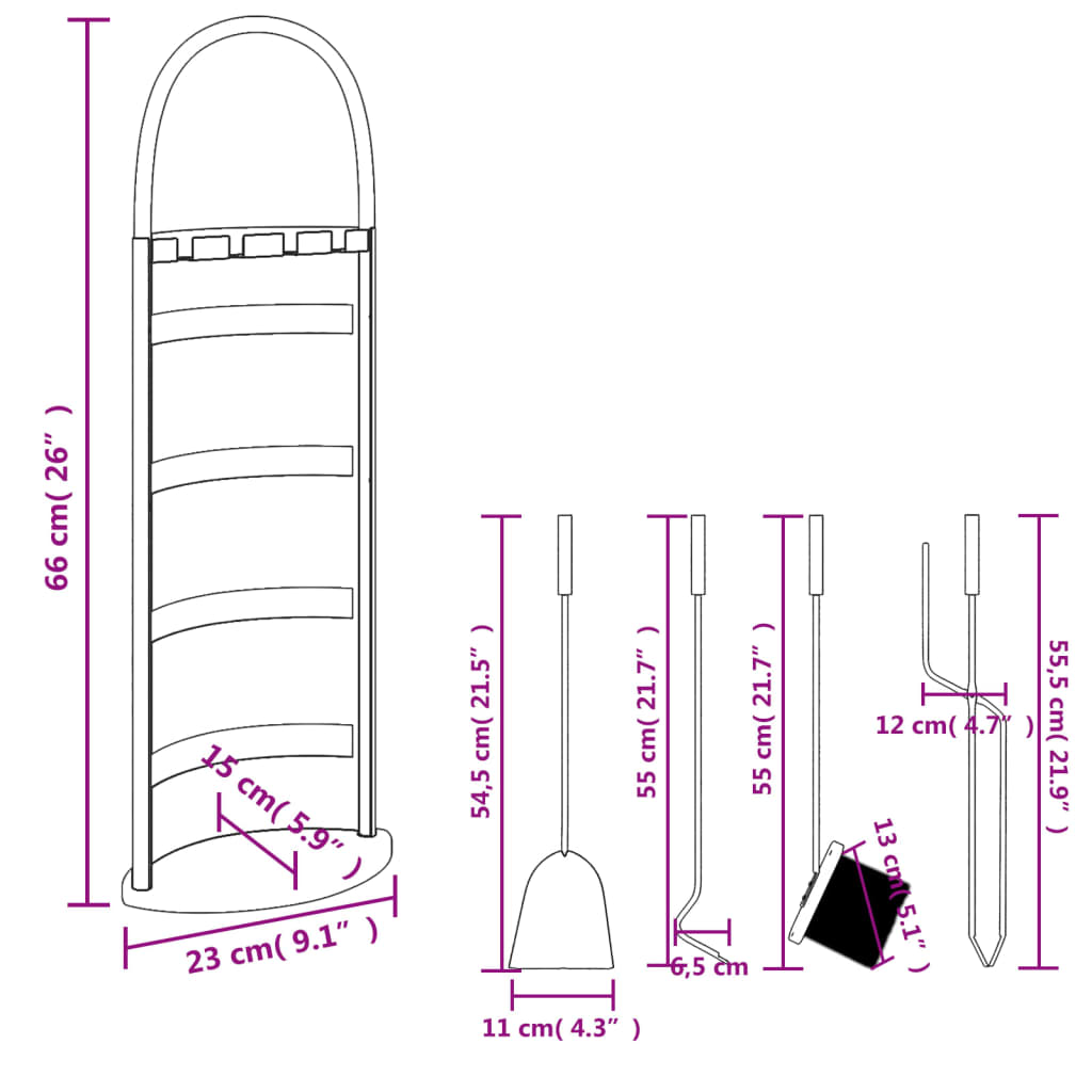 5 Piece Fireplace Tool Set 23x15x66 cm Steel