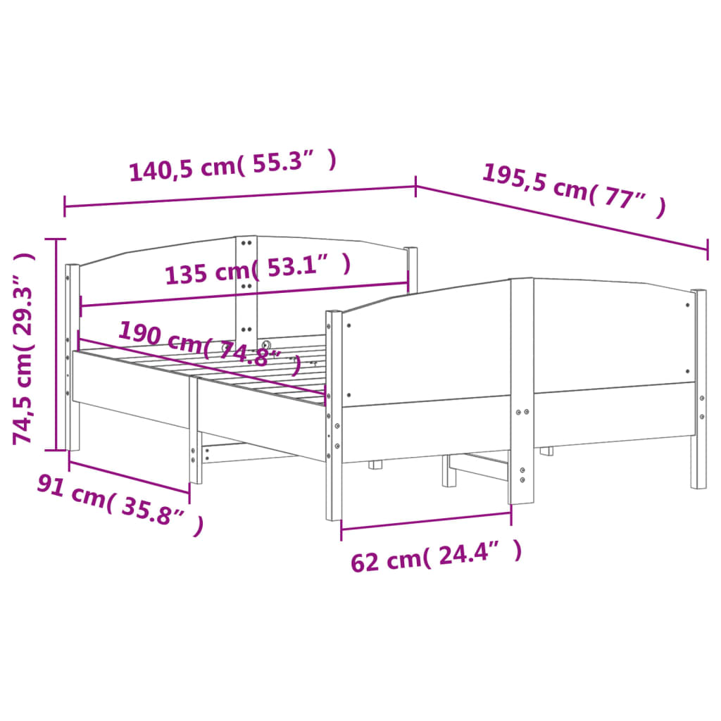 Bed Frame with Headboard 135x190 cm Solid Wood Pine