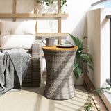 Garden Side Table Drum Shape Grey Poly Rattan and Solid Wood - Side View