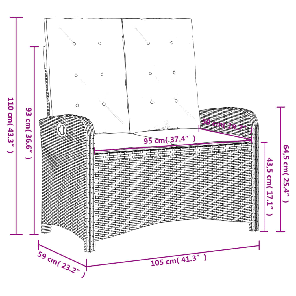 Reclining Garden Bench with Cushions Black Poly Rattan