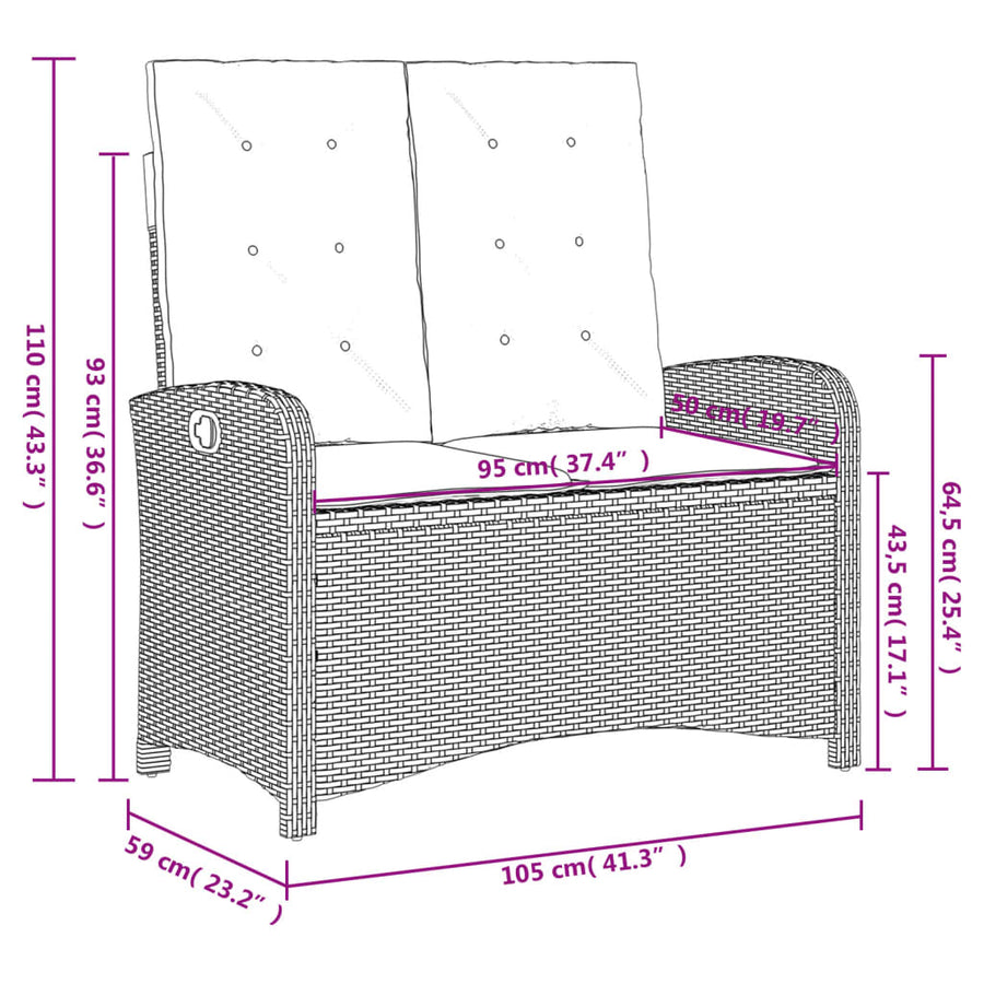 Reclining Garden Bench with Cushions Grey Poly Rattan