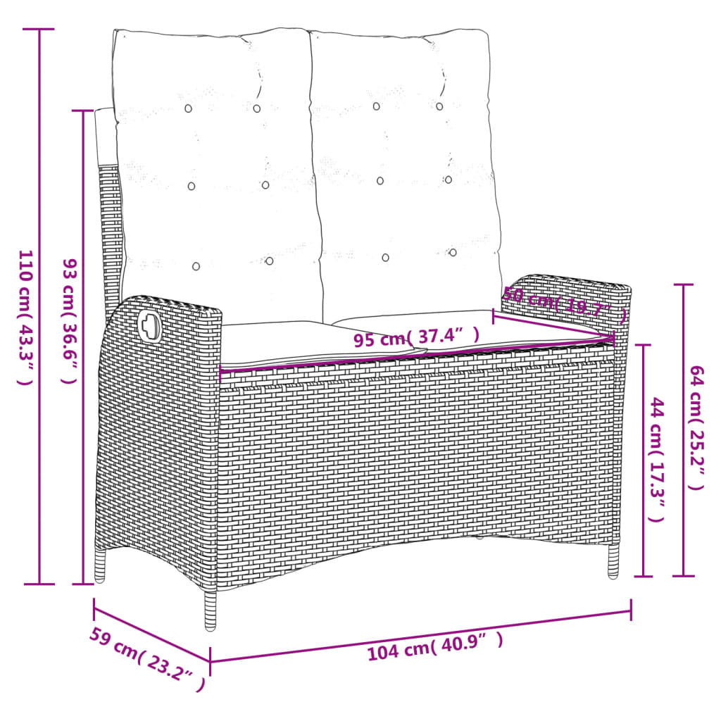 Reclining Garden Bench with Cushions Grey Poly Rattan