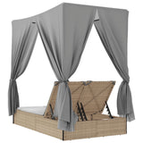 Double Sun Lounger with Roof and Curtains Beige Poly Rattan - Rear View