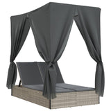 Double Sun Lounger with Roof and Curtains Light Grey Poly Rattan - Front View