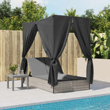 Double Sun Lounger with Roof and Curtains Light Grey Poly Rattan - Side View