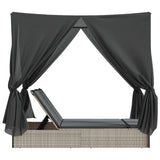 Double Sun Lounger with Roof and Curtains Light Grey Poly Rattan - 45-Degree Angle