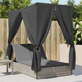 Double Sun Lounger with Roof and Curtains Light Grey Poly Rattan