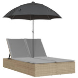 Double Sun Lounger with Cushions&Parasol Beige Poly Rattan - Front View