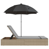 Double Sun Lounger with Cushions&Parasol Beige Poly Rattan - 45-Degree Angle