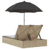 Double Sun Lounger with Cushions&Parasol Beige Poly Rattan - Rear View