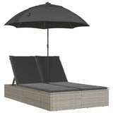 Double Sun Lounger with Cushions&Parasol Light Grey Poly Rattan - Front View