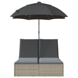 Double Sun Lounger with Cushions&Parasol Light Grey Poly Rattan