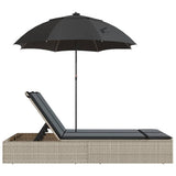Double Sun Lounger with Cushions&Parasol Light Grey Poly Rattan - 45-Degree Angle