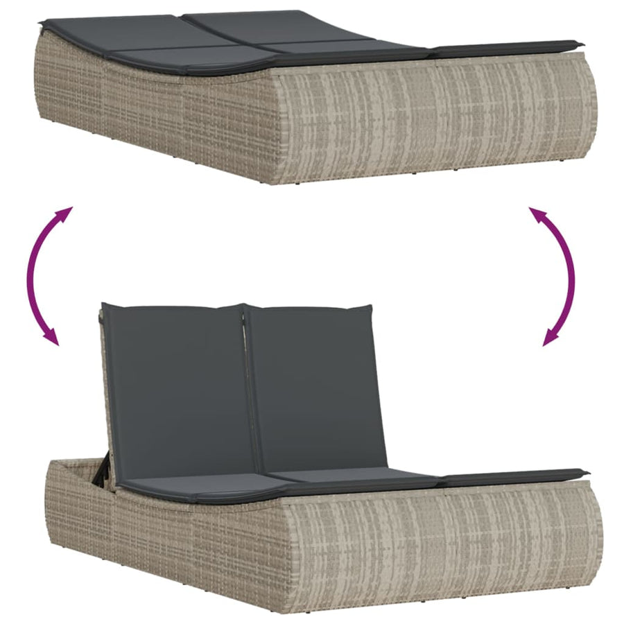 Double Sun Lounger with Cushions Light Grey Poly Rattan