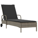 Sun Lounger with Wheels and Cushion Grey Poly Rattan - Front View