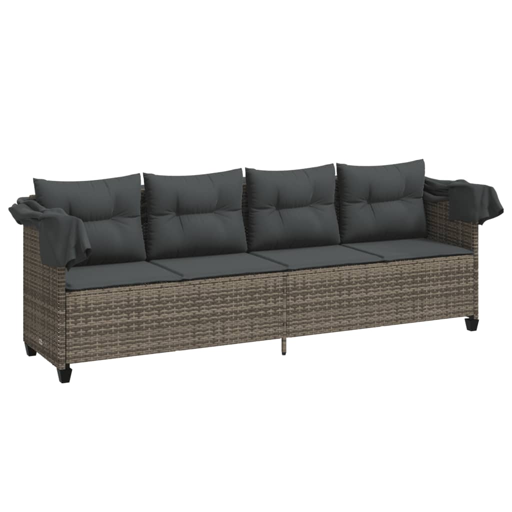 Sun Lounger with Canopy and Cushions Grey?Poly Rattan