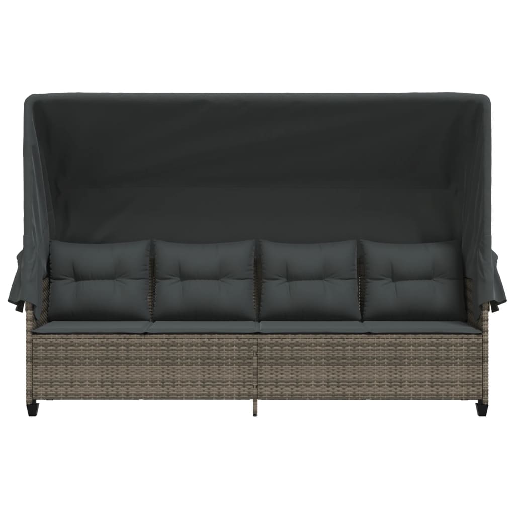 Sun Lounger with Canopy and Cushions Grey?Poly Rattan