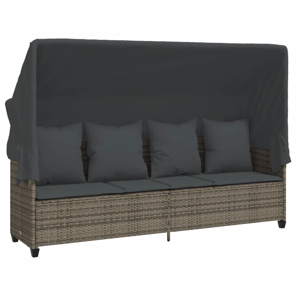 Sun Lounger with Canopy and Cushions Grey?Poly Rattan