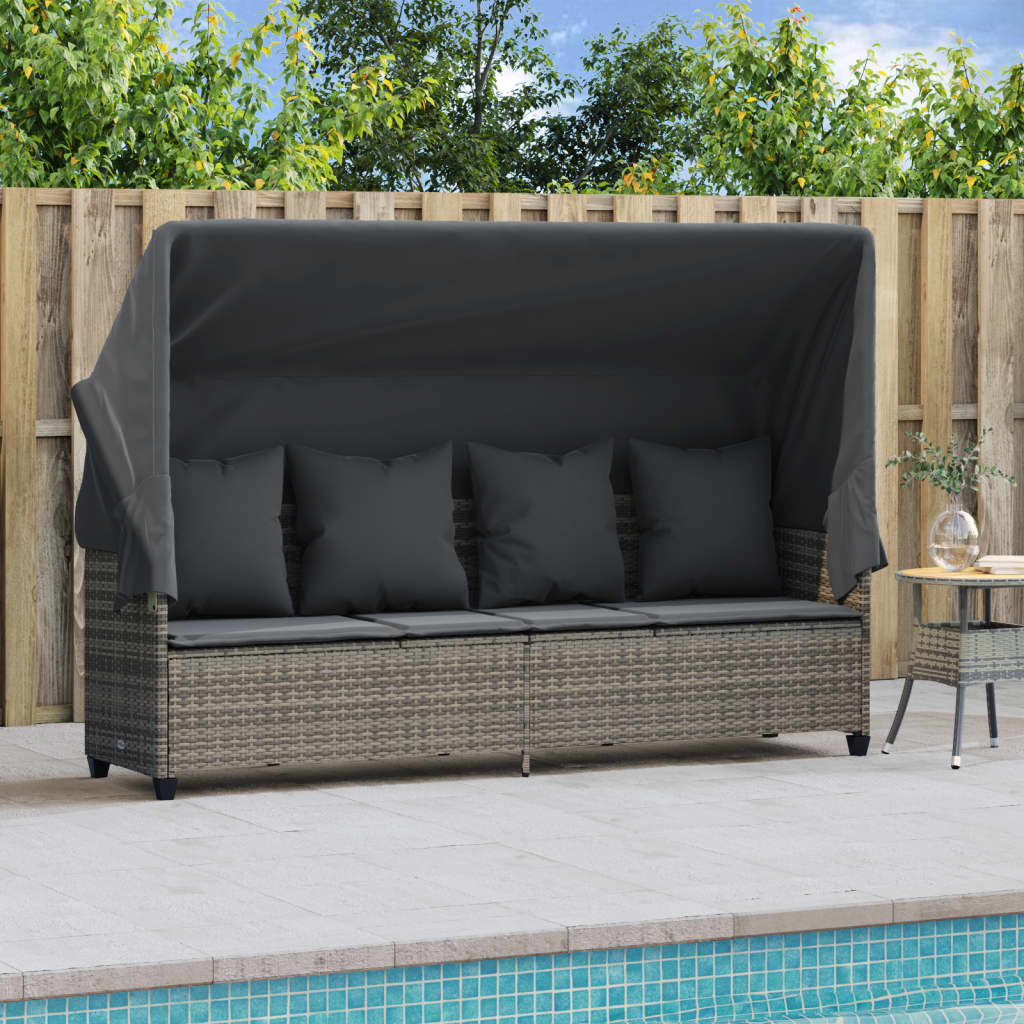 Sun Lounger with Canopy and Cushions Grey?Poly Rattan
